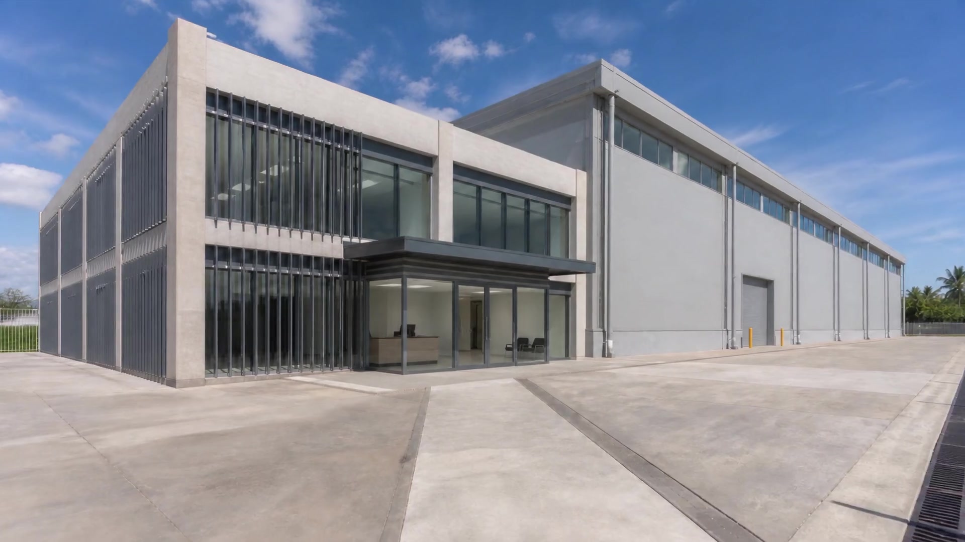 Fachada de una instalación industrial al inicio del recorrido